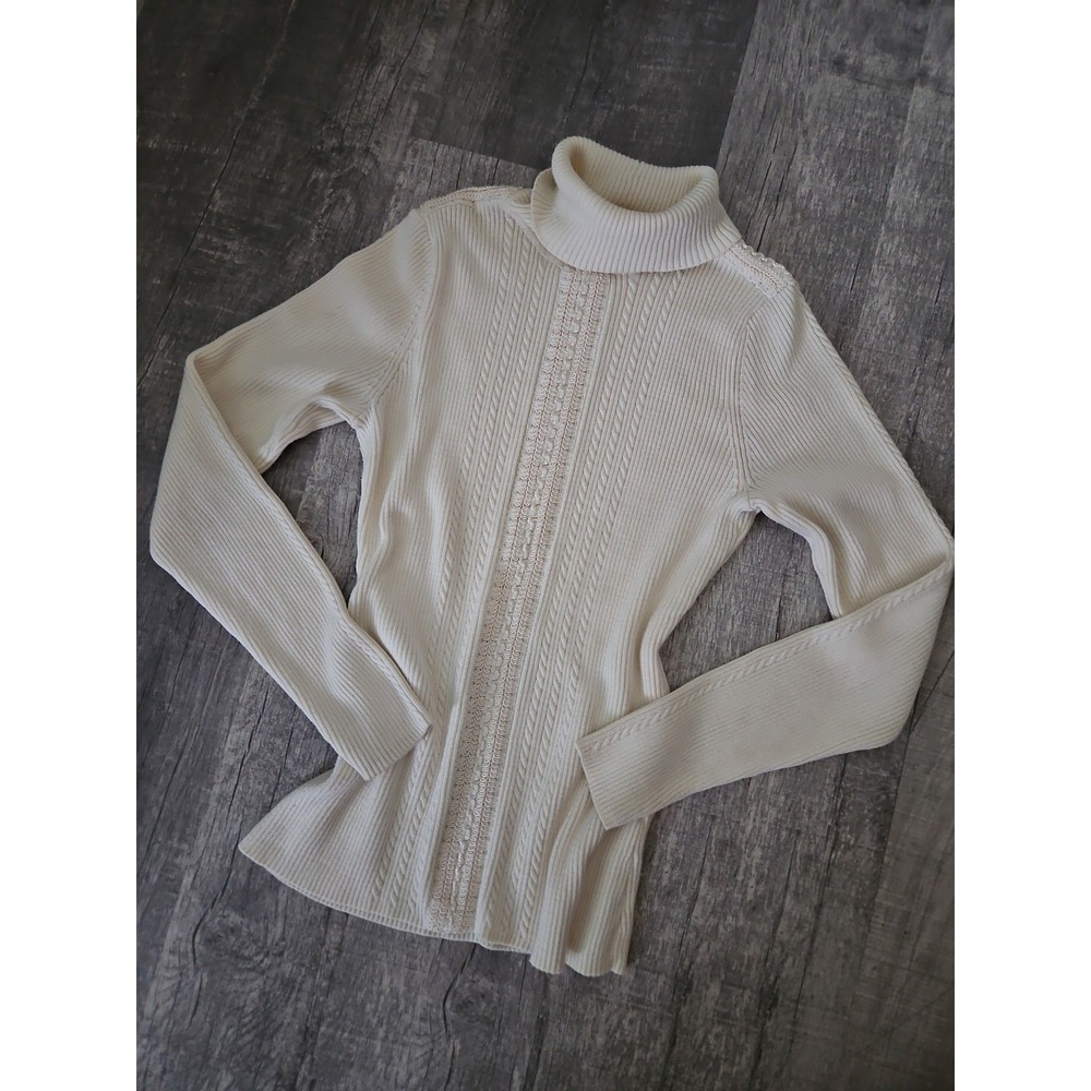 Etcetera Women Small S Cream Cable Knit Turtleneck Sweater Ribbed Cotton Blend